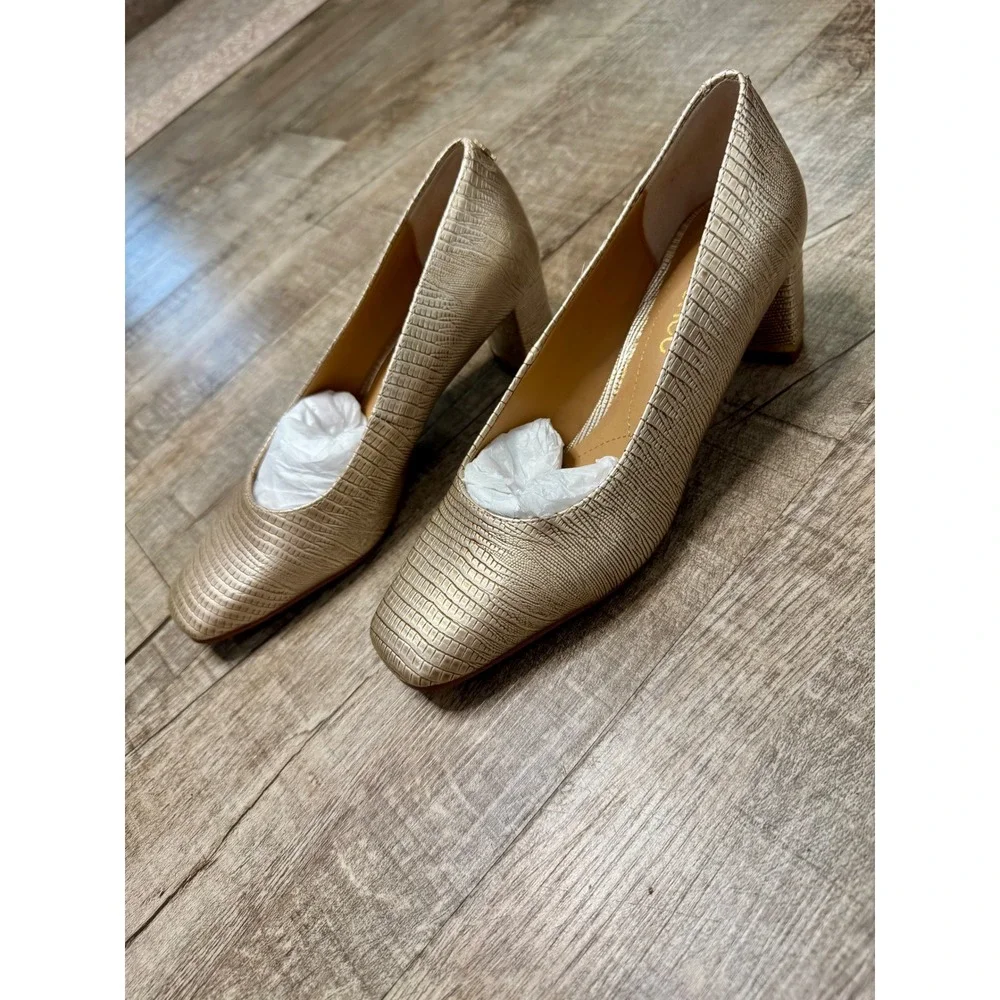 J. Renee Olivienne Pearl Beige Lizard Print Square Toe Block Heel Pumps  Size 6M